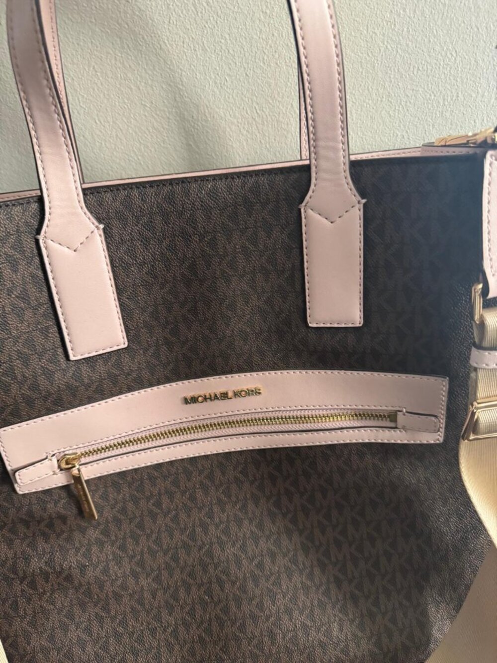 Michael Kors Kenly Large Tote MK Logo Signature PVC Bag Powder Blush Pink Brown - Picture 7 of 10